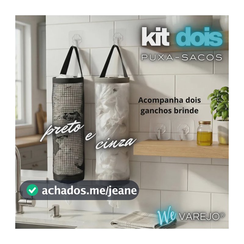 Kit 2 Puxa Saco Porta Sacolas Sacolinhas + 2 Ganchos Preto E Cinza Lisa