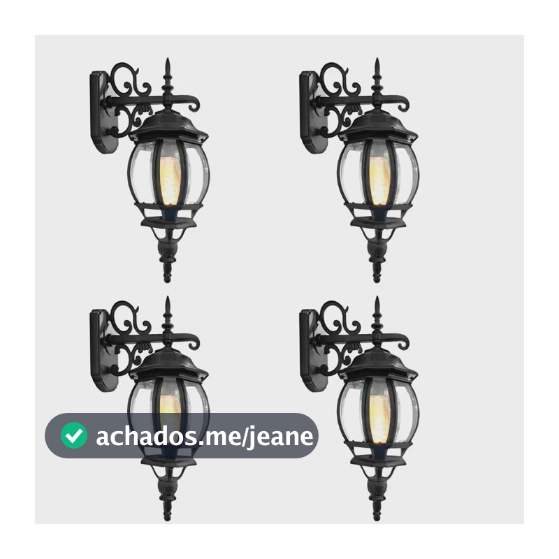 Kit 4 Arandela Colonial Ponente de Parede em Alumínio e Vidro Transparente para Fachada, Jardim e Varanda