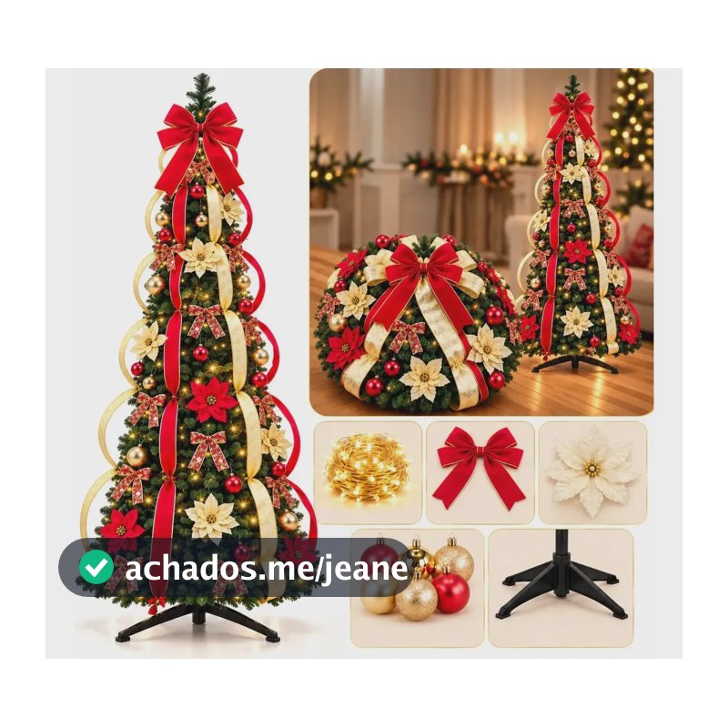 Natal Árvore Luxo Retrátil Montagem Rápida com Enfeites Laços Bolas Pisca Pisca Verde 180cm Altura Cheia Grande Premium Branca ou Vermelha Enfeitada Decorada