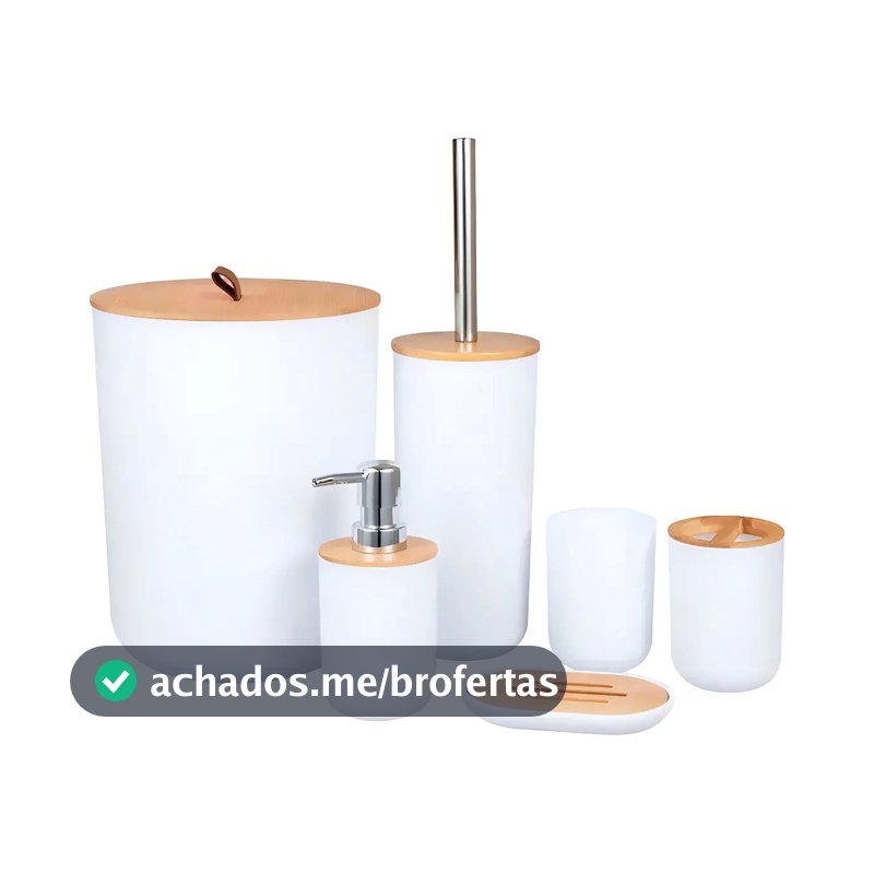 Kit Conjunto Banheiro 6 Peças Lixeira Com Tampa Bambu Plástico Organizador Decoração Lavabo Suporte Sabonete Liquido Escova de Dente Lixo Escova de Vaso Sanitario Shokki Cor Branco