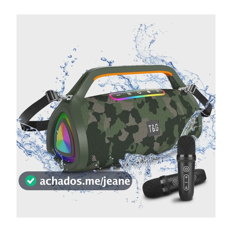 Caixa De Som Bluetooth 40w 2 Mic Sem Fio Led Tws Karaokê Verde Camuflado 5v