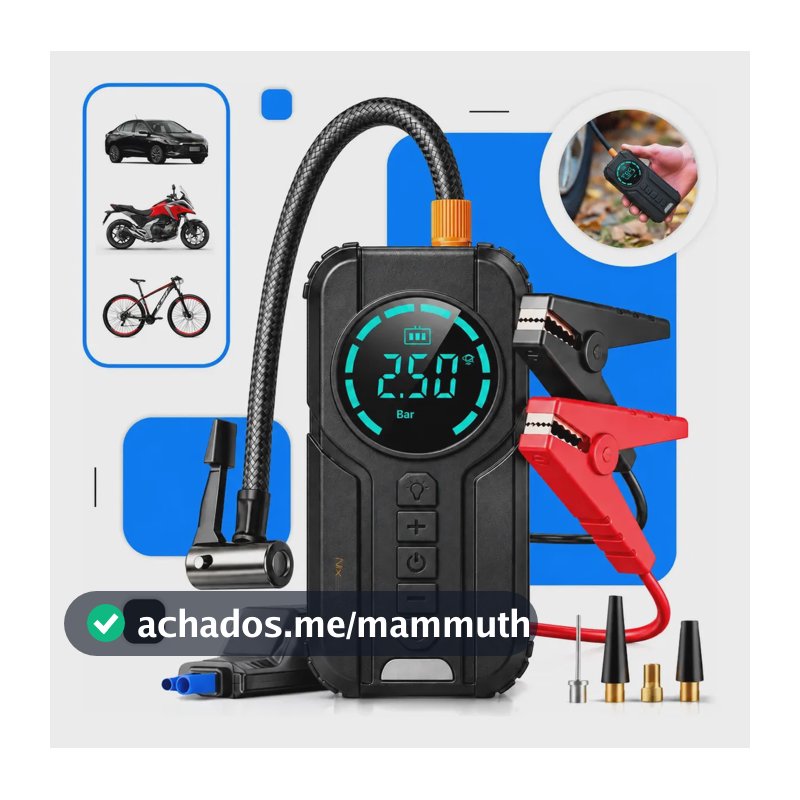 Auxiliar de Partida Carregador Bateria Com Compressor De Ar Portátil Veicular Emergência 6 em 1 Inteligente Digital 12V Calibrador Pneu Automotivo Lanterna LED Moto SUV Bike Caminhonete Marca Nixzen
