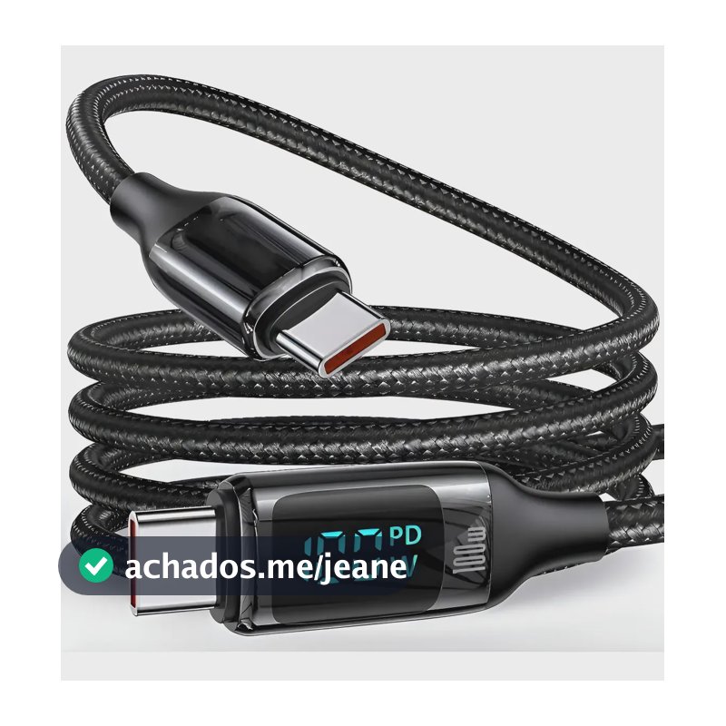 Cabo Carregador Rápido 100w Turbo Mostrador Led Usb Tipo C Preto