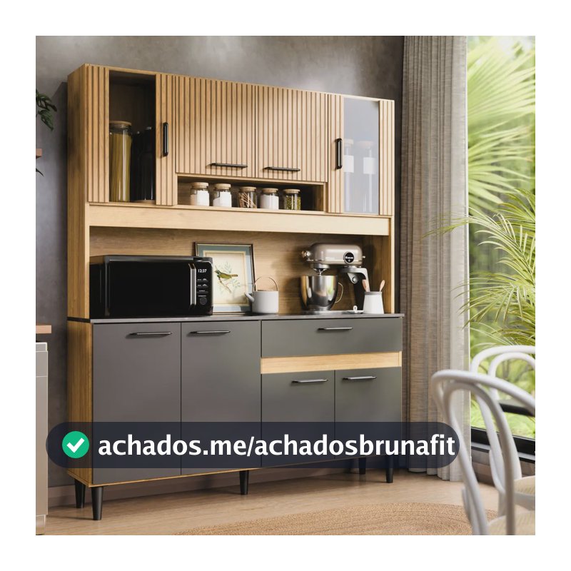 Armário de Cozinha Completa com Balcão 8 Portas Gaveta Com Vidro Nicho Organizador Ripado Carvalho Nature Cinza Grafite