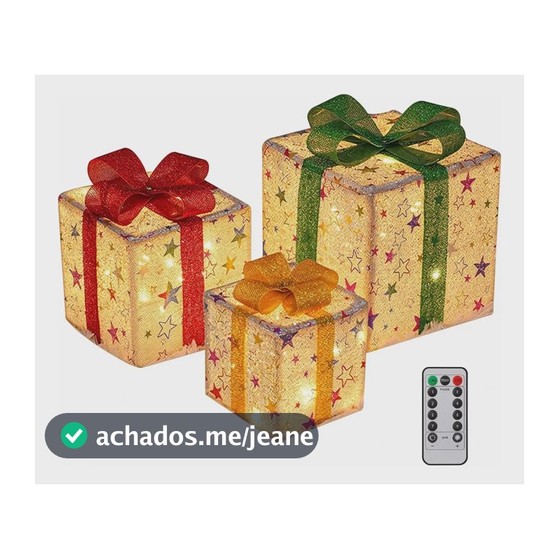 Enfeite Natal Kit 3 Caixas De Presente Luminosas Controle Dourado