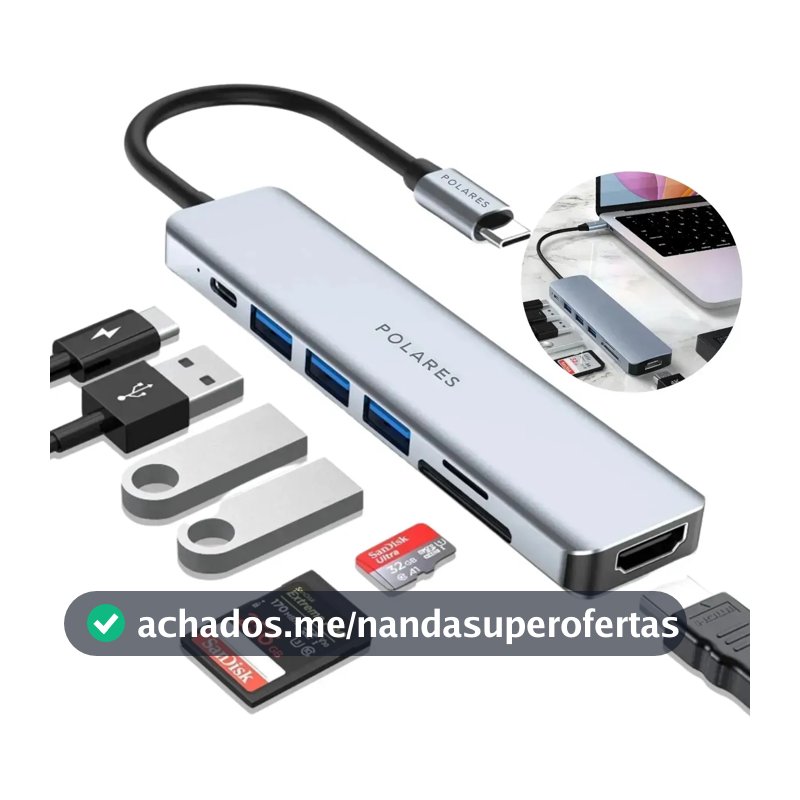 Adaptador Hub Usb-c Compatível Com Macbook Air M1 M2 Dex Hdmi 4k 7 Em 1 Cinza