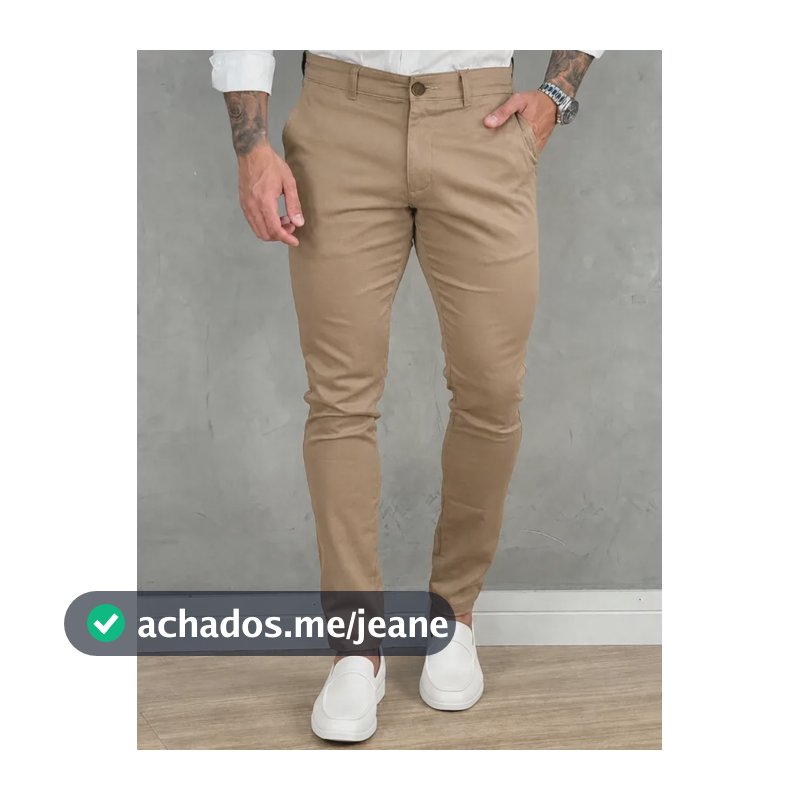 Calça Masculina Sarja Premium Social Esport Fino Bolso Lycra Bege Liso 42