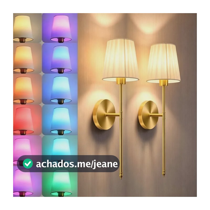 VOLTIS - Kit 2 Arandelas de Parede Recarregáveis Douradas, Bateria 5200mAh com Ímã Destacável, Controle Remoto, 12 Cores RGB + 3 Temperaturas de Luz VOTLIS