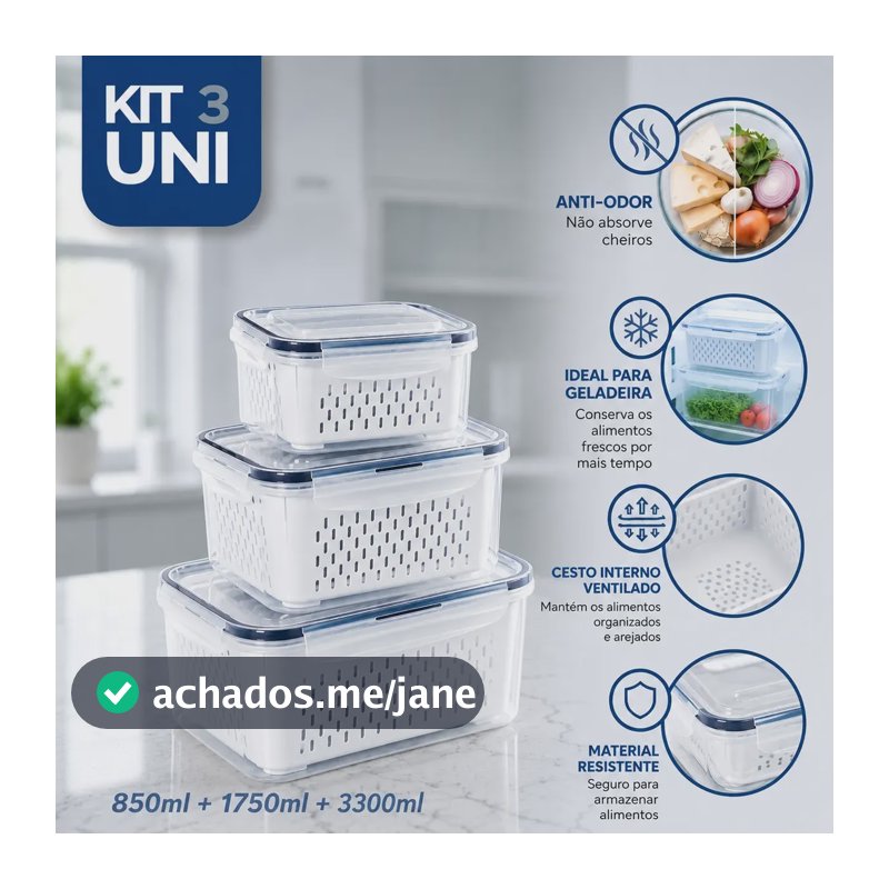 Kit 3 Recipientes Vedação Hermética Empilháveis Conservar Branco
