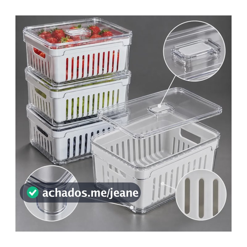 Kit 4 Organizadores de Geladeira 2,2L Cesto Interno Plástico Livre de BPA Drenagem Tampa com Trava Pote de Acrílico Transparente Ponte Lar Utilidades para Frutas Legumes Verduras Frios Cozinha Armário