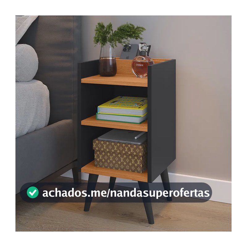 Criado Max Mudo Com Pés Retrô Porta Celular Nichos Compacta Acabamento Fosco Cor Preto/cinamomo