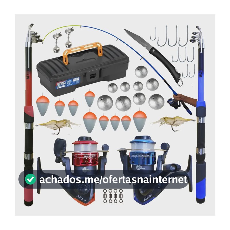 Kit Pesca Completo 2 Varas + 2 Molinetes E Acessórios Preto