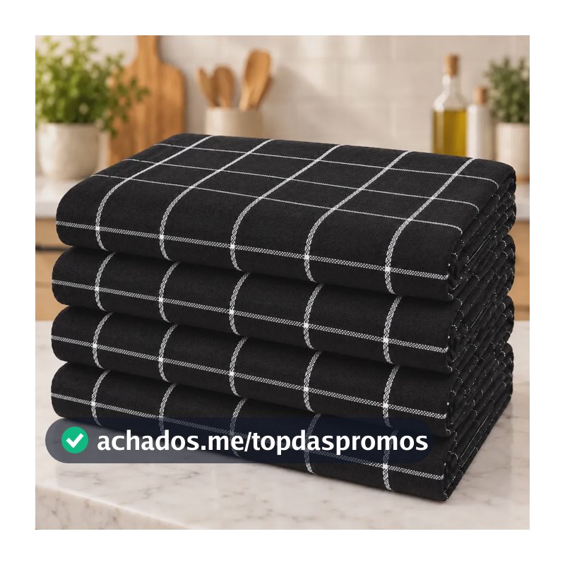 Kit 4 Panos De Prato Cozinha Xadrez Felpudo Alta Absorção Preto