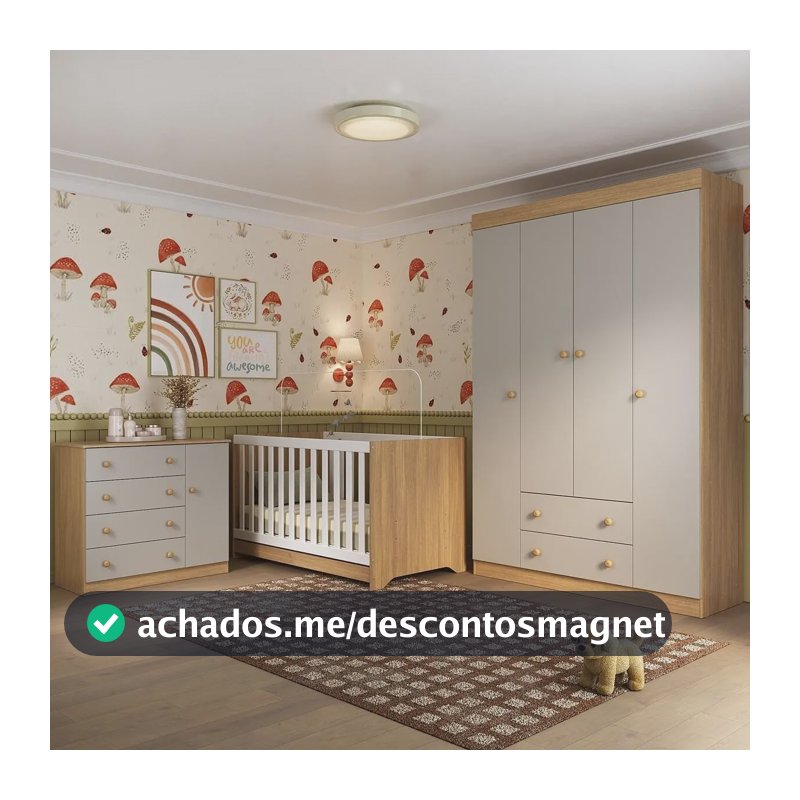 Quarto de Bebê Completo Berço Americano 3 em 1 Encanto Multimóveis MP4581 Madeirado/Off White