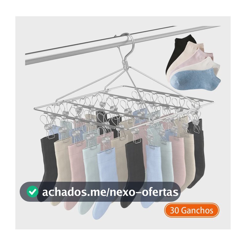 Varal Portátil Primeware de Aço Inoxidável com 30 Ganchos Para Meias e Roupas Íntimas