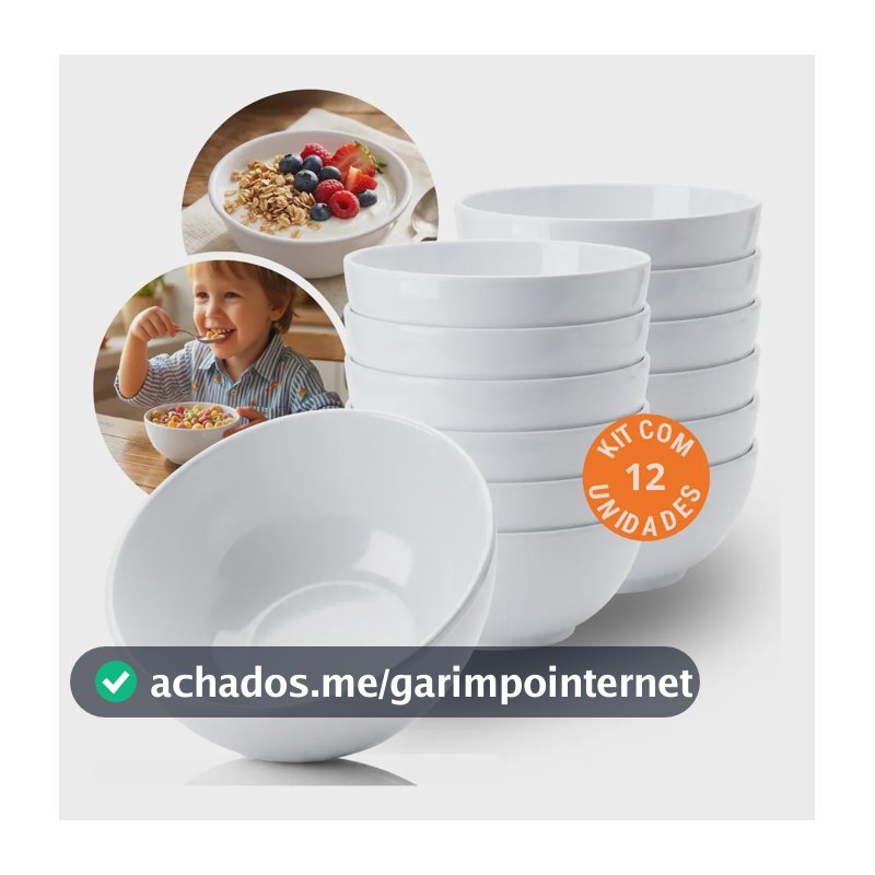 Kit 12 Bowls 420ml Cumbuca Tigela Branca Melamina Resistente Branco