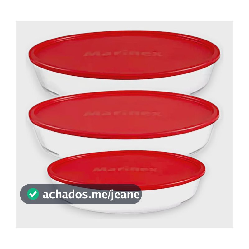 Kit 3 Assadeira Travessa De Vidro Oval Marinex Com Tampa  Vermelho Oval