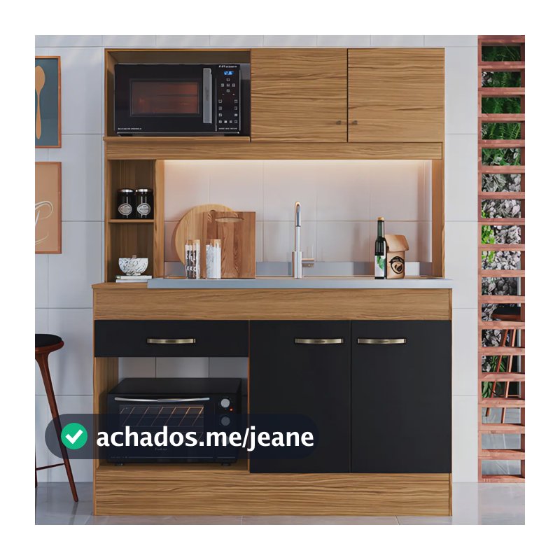 Armário de Cozinha Compacta Decibal Zeta com 4 Portas e 1 Gaveta Naturalle/Preto Fosco