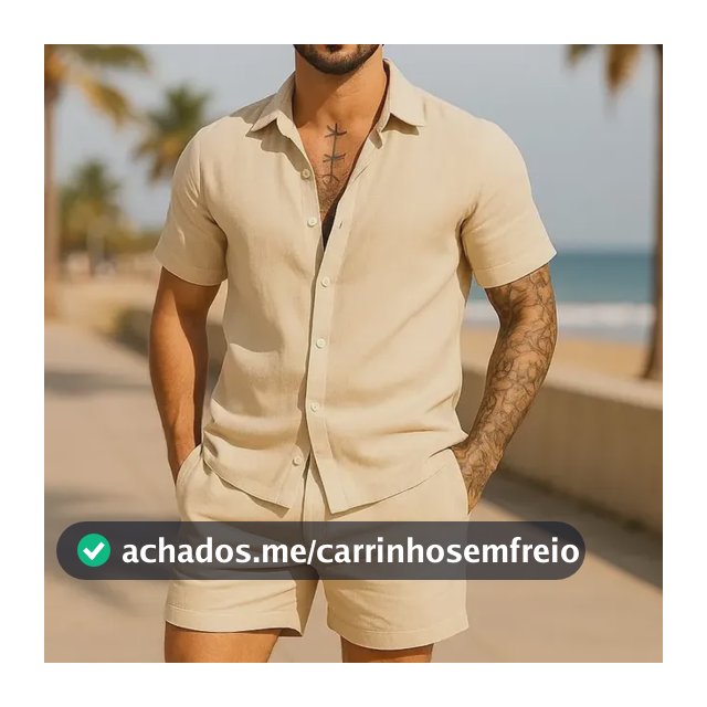 Conjunto Casual Linho Masculino Camisa Botão  Bermuda Cordão