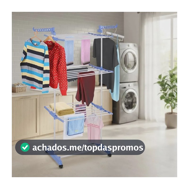 Varal De Chão Grande De Roupas 3 Andares Dobrável Cor Azul Kontuz 170 cm