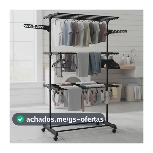 Varal De Chão Grande 3 Andares Dobrável Retratil Resistente Preto