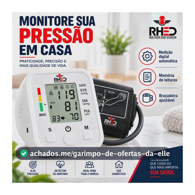 Aparelho Medidor de Pressão Arterial Aferidor Monitor Digital Uso Doméstico Automático Residencial Pressão De Braço Braçadeira Pulso Manguito Ajustável Memória Leitura Adultos Crianças Portátil
