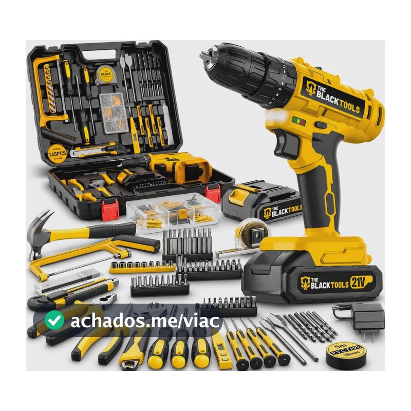 Parafusadeira Furadeira De Impacto The Black Tools Profissional Bateria 21V C/ Maleta + Kit Acessórios 145 Peças TBKIT23