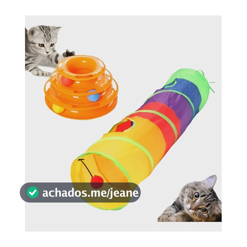 2 Brinquedo Interativo Gato Torre + Tunel Labirinto Pet Bola Colorido