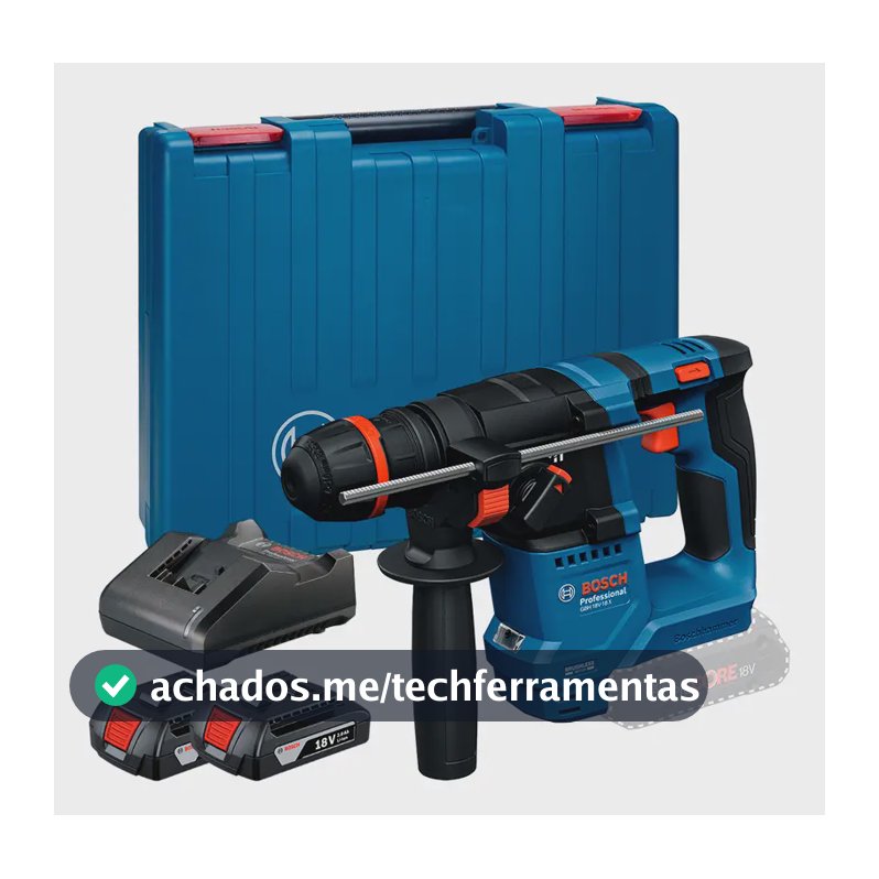 Martelete Perfurador Rompedor Gbh 18v Bosch + 2 baterias 2a Carregador Bivolt e Maleta Azul