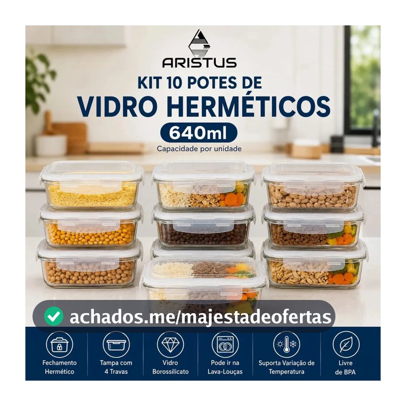 Kit 10 Potes Vidro Hermético Aristus 640ml Marmita Anti Vazamento Forno Micro-ondas Freezer Tampa 4 Travas - Branco