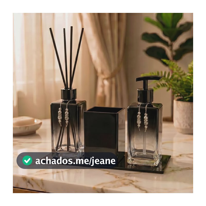 Kit De Banheiro Difusor + Saboneteira + Porta Escova E Base Preto Degrade C/ Válvula Preta