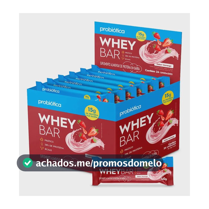 Barra de Proteína 24 Unidades Whey Bar Probiótica Morango Alto Proteico