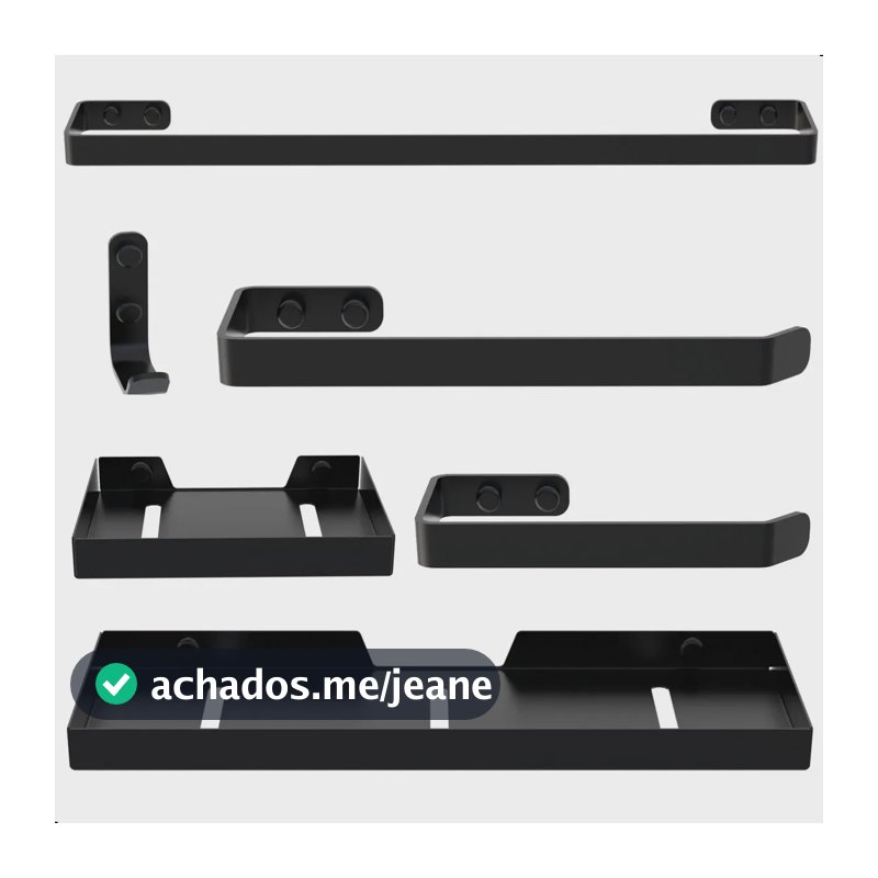 Kit de Acessórios Para Banheiro Plus com Traços Quadrados Moderno Conjunto Completo 6 Peças Preto Fosco Porta Shampoo, Sabonete, Gancho, Toalha de Banho e Rosto Riga Metais Sanitários