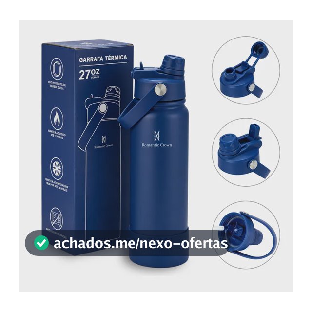 Garrafa Térmica 800ml Inox Bico Duplo Canudo Alça Esporte Azul