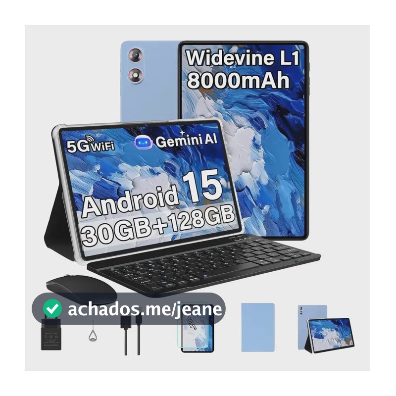Tablet Android 15 Tablet 10 Polegadas Com Gemini Ai 30 Gb Ram+128 Gb Rom/tf 2 Tb,2.4G/5G Wi-fi,Octa-core 2.0 Ghz, 8000 mAh, Controlo parental Widevine L1,BT 5.0, Gps,com Capa Teclado E Mouse