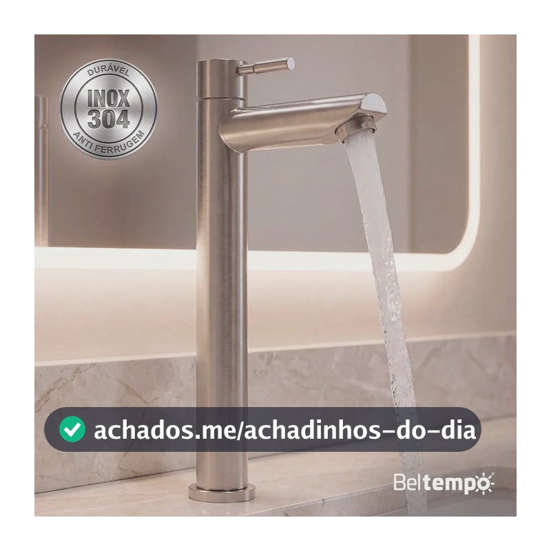 Torneira Para Banheiro De Mesa Bica Alta 1/4 De Volta Aço Inox 304 Escovado Elegance Beltempo