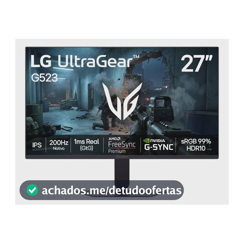 LG UltraGear Monitor Gamer 27" IPS 200Hz, 1ms (GtG), Full HD (1920x1080), HDR10, NVIDIA G-SYNC AMD, FreeSync Premium, sRGB 99%, Preto - 27G523B