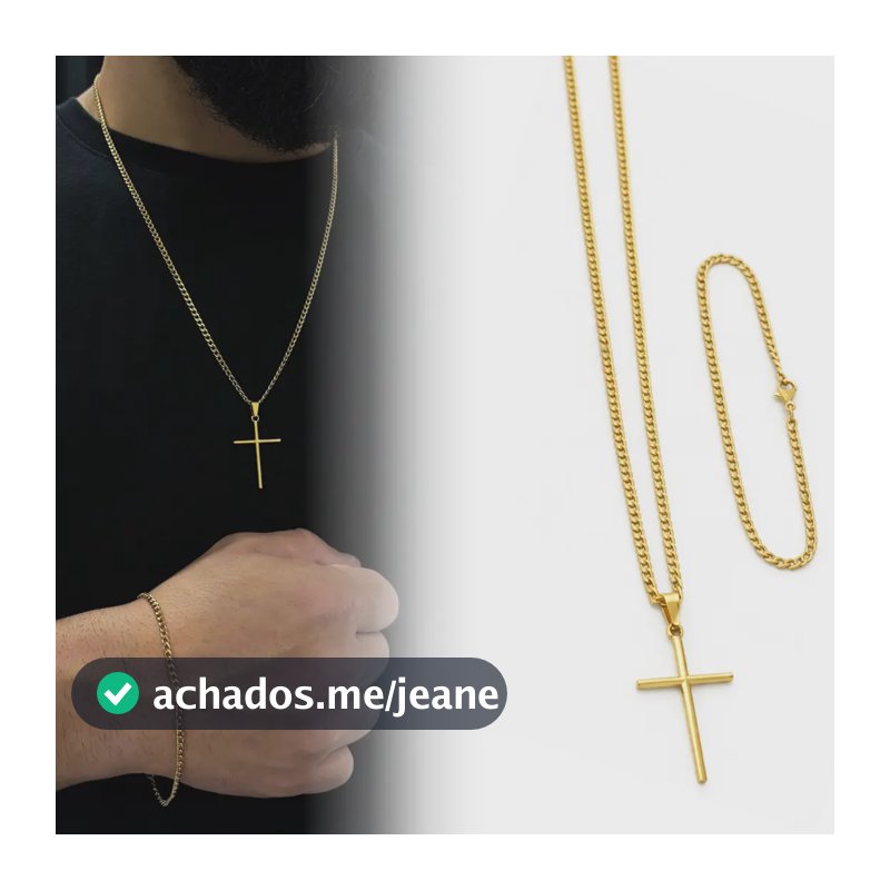Corrente Cordão Masculino Aço Inox Banhado A Ouro 18k + Pulseira E Pingente Cruz Crucifixo Correntinha Masculina Grumet Gourmet 1x1 Banhada Escama De Peixe Escamada Colar 60cm Inoxidavel Fina 3mm