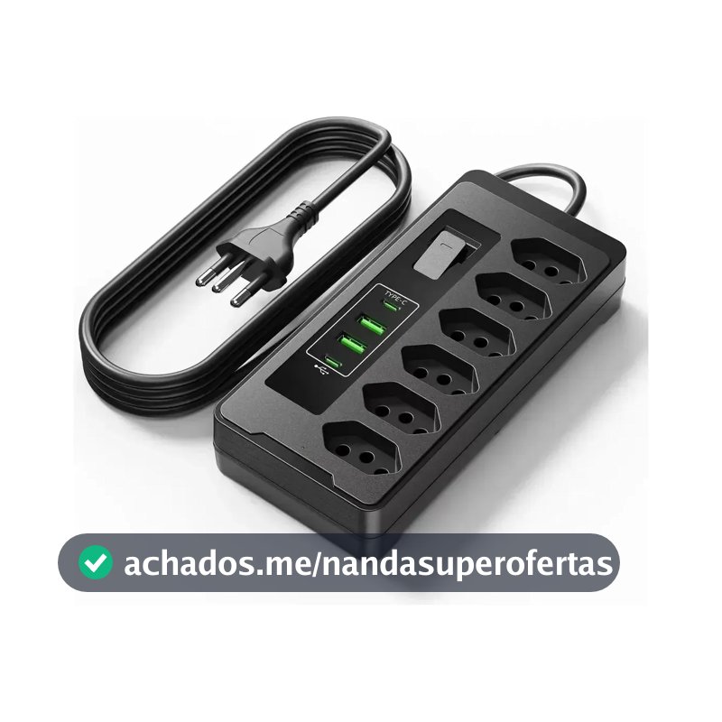 Filtro De Linha Régua Extensão 6 Tomadas E 2 Usb 2 Pd 2500 Watts Equipado Com Um Interruptor De Protecção Automática De Sobrecarga Protetor Elétrico Cabo 2 Metros 10 a Cor Preto-PLUGADO