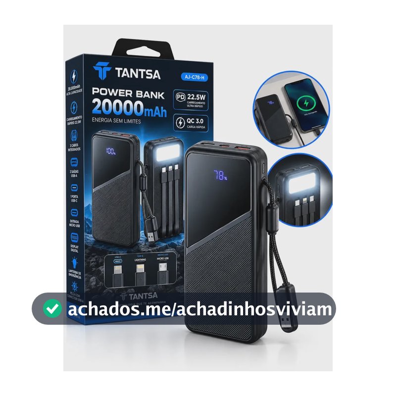 Power Bank Tantsa 20.000mAh Turbo com 4 Cabos Integrados e Lanterna de Emergência