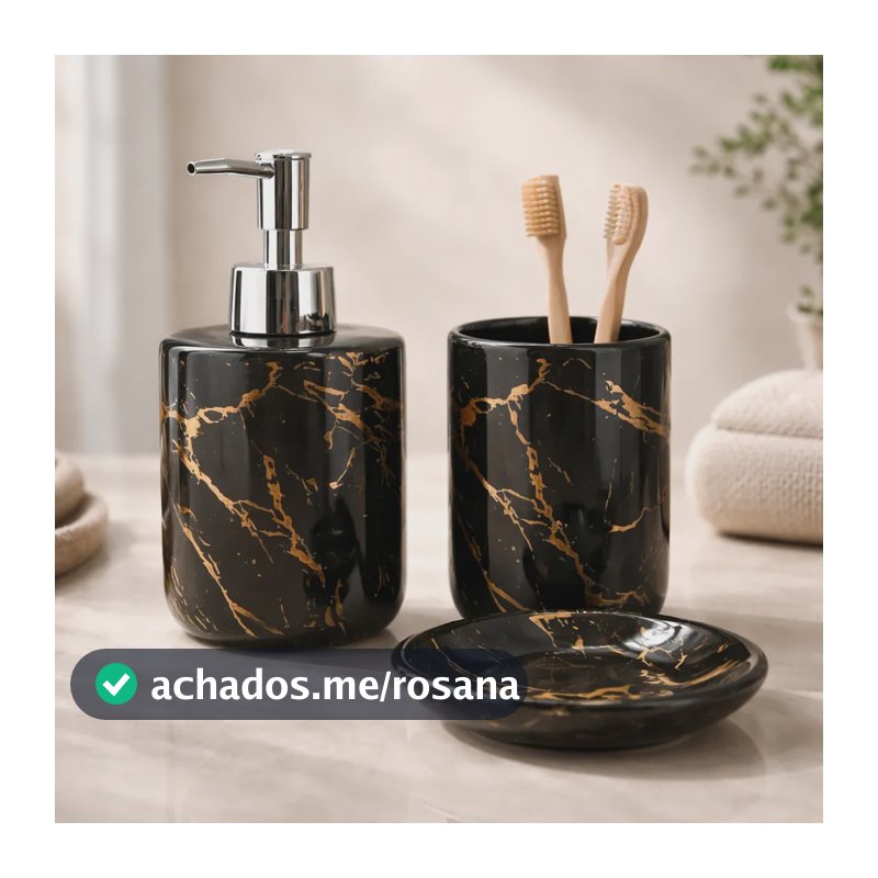 Kit Banheiro Lavabo Jogo 3 Pç Sabonete Dispenser Marmorizado Preto