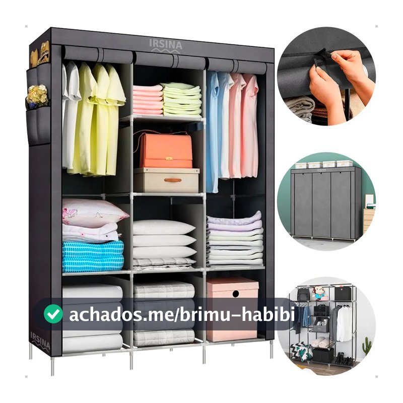 Guarda Roupa Dobrável Irsina Colmeia Cinza 8 Divisões 3 Portas Portátil