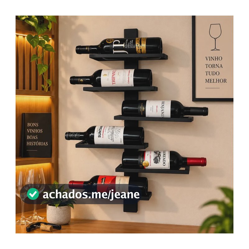 Adega Suspensa De Parede Suporte Vinho 06 Garrafas Cor Preto