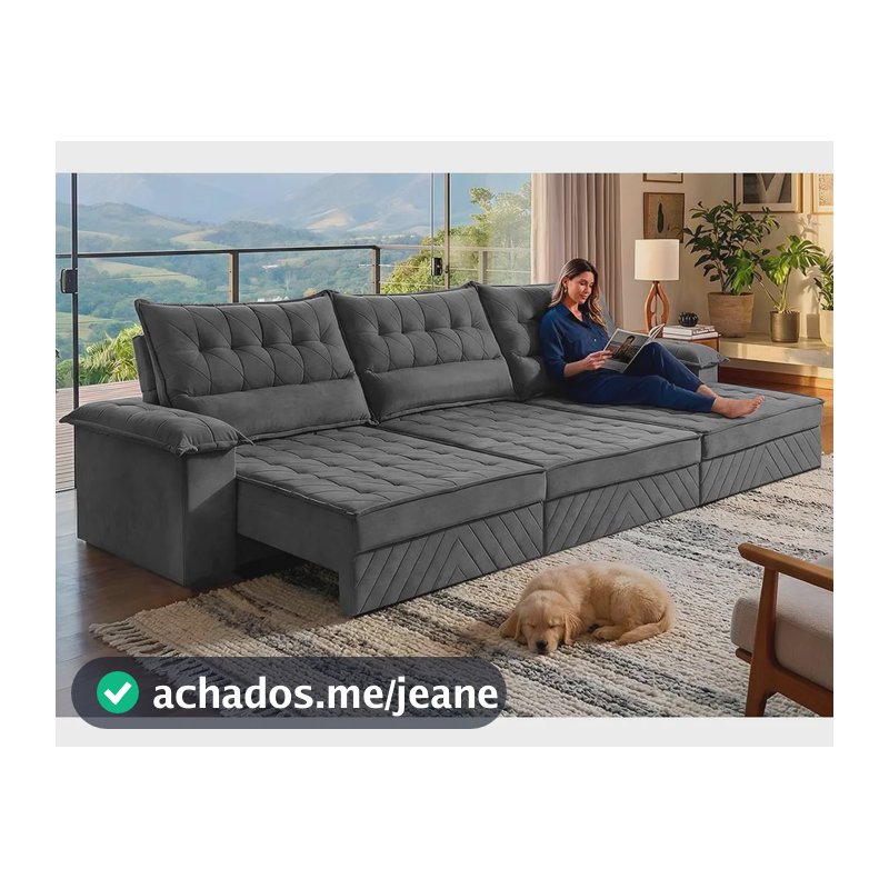 Sofá Retrátil 3,60m Molas E Espuma D33 Thunder. Cama Inbox Cinza Liso