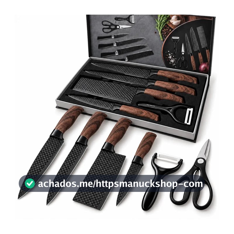 Kit Jogo De Facas Inox Antiaderente Cabo SoftToutch Madeirado Conjunto 6 Peças Gourmet Corte Afiado Presente Faca Premium Churrasco e Cozinha Carne