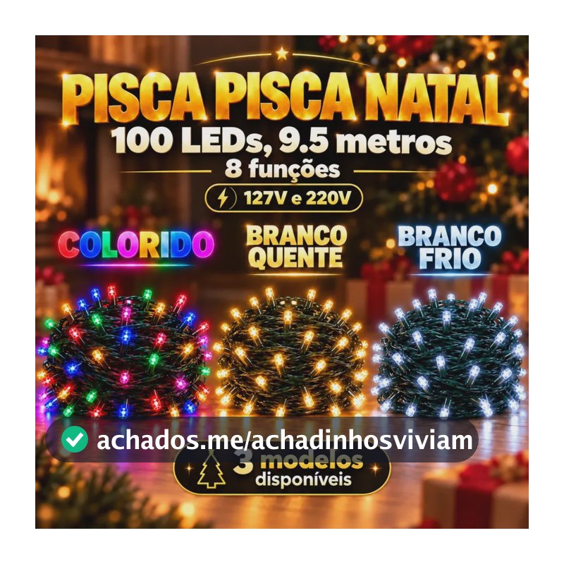 Cordão de Luz Natalina LED 9,5m Colorido com 100 LEDs para Árvore de Natal
