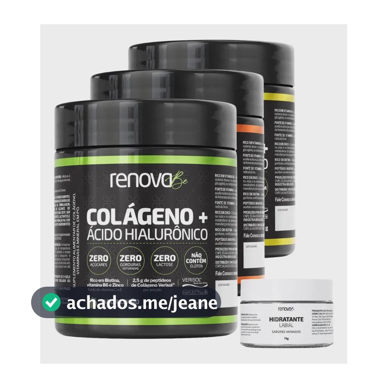 Kit 3x Colágeno + Ácido Hialurônico Renova Be Colágeno Hidrolisado Verisol Zero Lactose Vitaminas E, C, B6 Biotina e Zinco