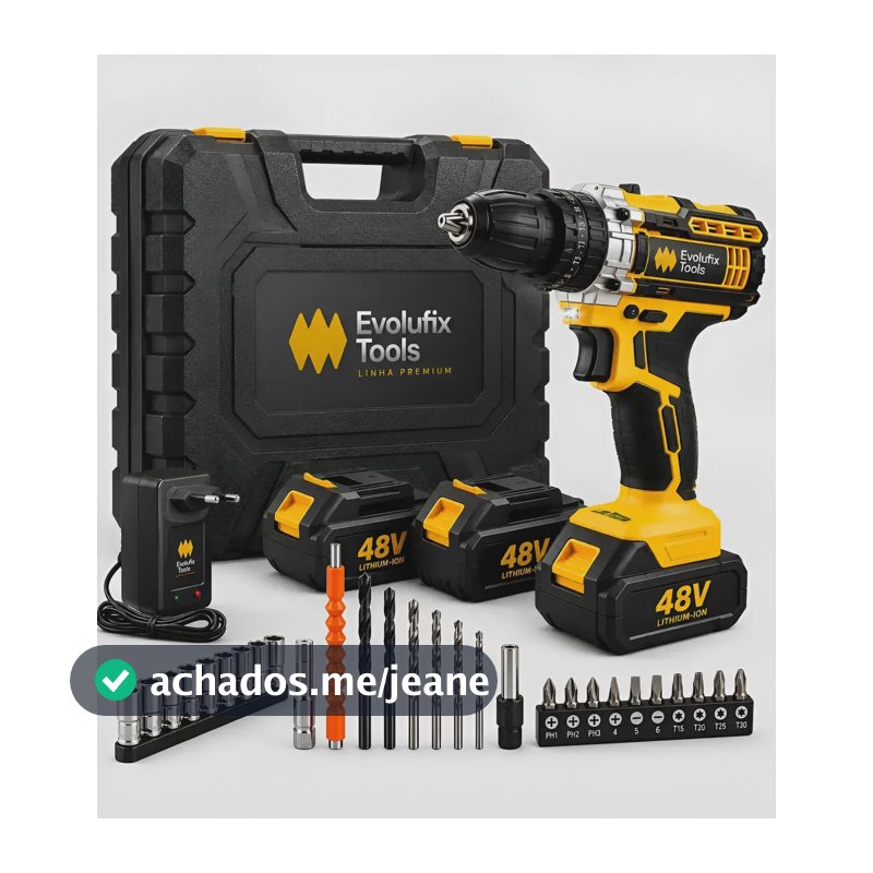 Parafusadeira Furadeira Sem Fio Profissional 2 Baterias Recarregavel 48v Bivolt + Maleta Acessórios Kit Completo Led Eixo Flexível Velocidade ajustável com Travas Mandril Resistente EvolufixTools