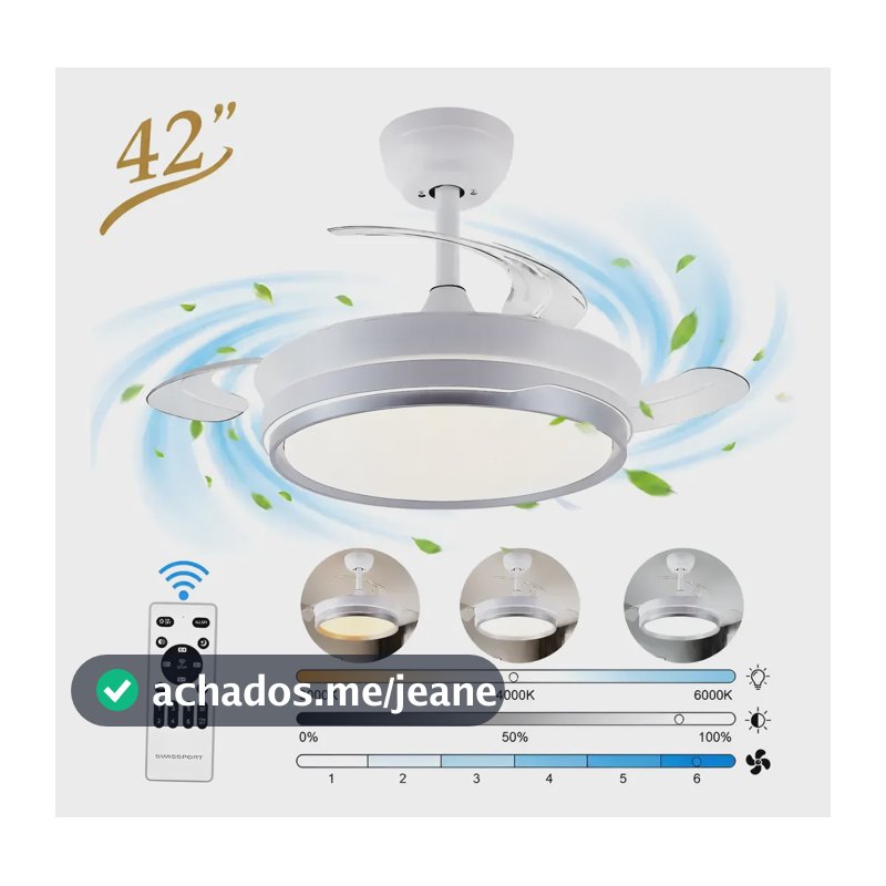 Ventilador De Teto Led Branco Silencioso Bivolt Retrátil 49 Cm 60 Hz Branco 127/220v Transparente Policarbonato 3