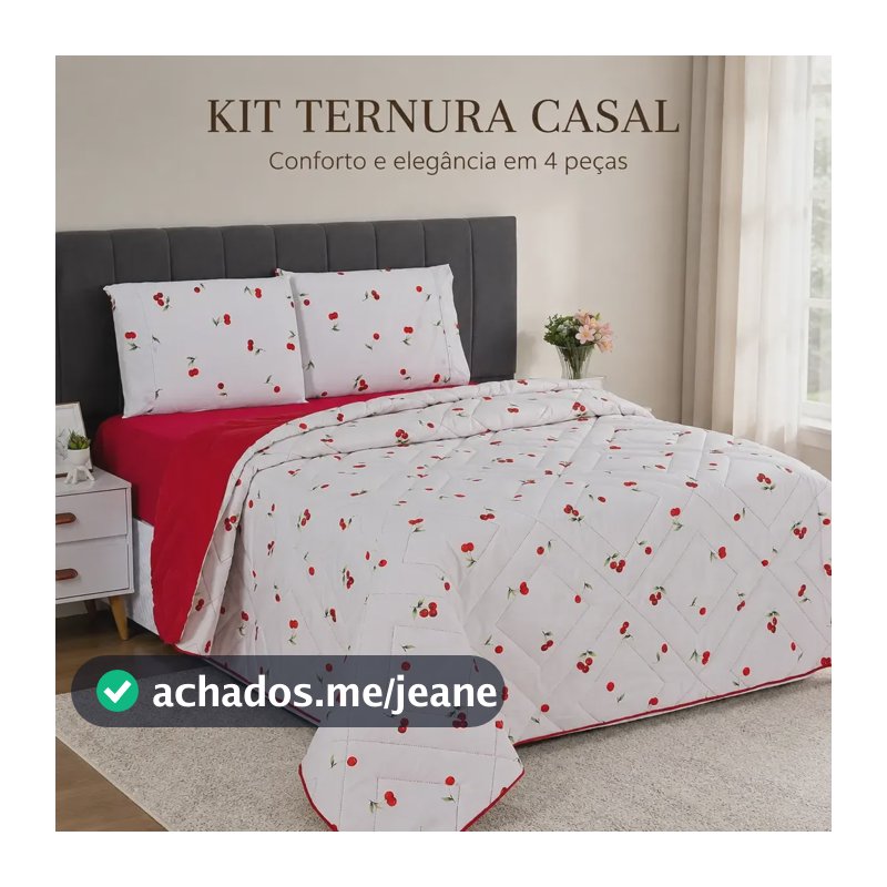 Kit Jogo De Cama Casal Padrão Edredom Fronha Premium Percal Cereja | Estampa De Cerejas